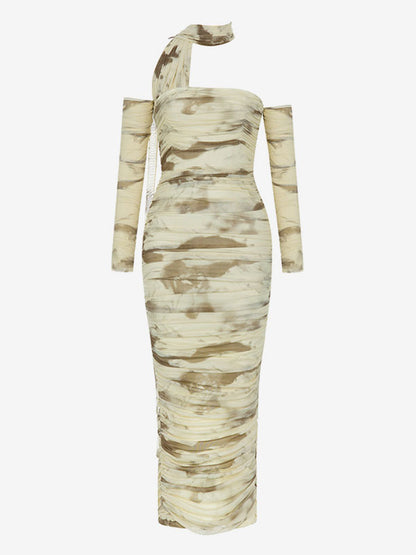Bodycon Dresses Yellow Floral Print Long Sleeves Pleated Sexy Strapless Open Shoulder Midi Dress Sheath Dress