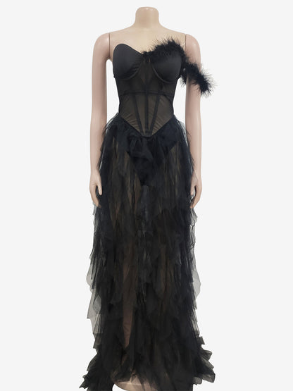 Layered Tulle Dress One Shoulder Corset Feather Trim Backless Sexy Maxi Dresses