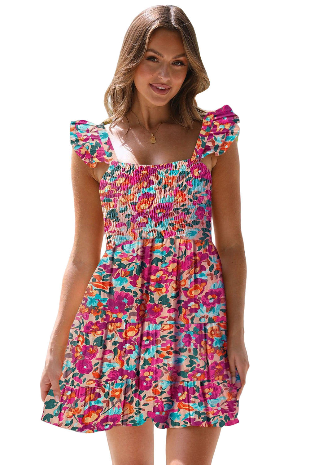 Rose Ruffled Shirred Sleeveless High Rise Floral Mini Dress