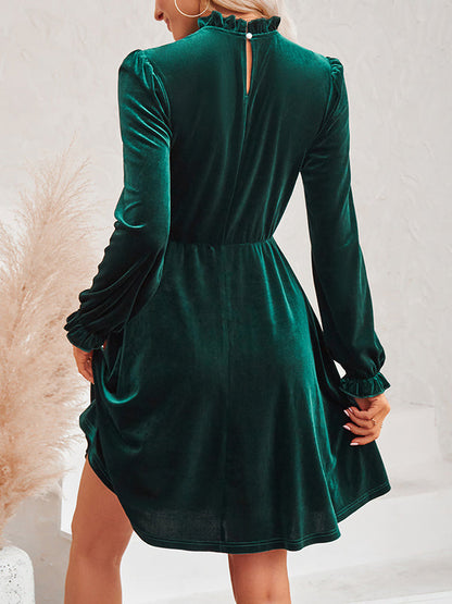 A-Line High Waisted Hollow Ruffled Solid Color Velvet Mock Neck Mini Dresses