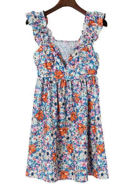 Multicolor Floral Sweetheart Ruffle Sleeveless Mini Dress