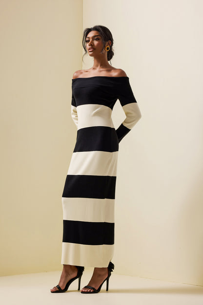 Jersey Stripe Off-Shoulder Midi Dress