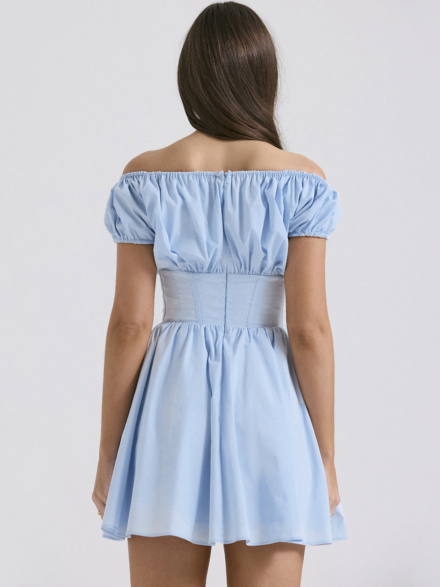 Short Dress Pleated Square Neck Puff Sleeves Graduation Party Mini Dresses