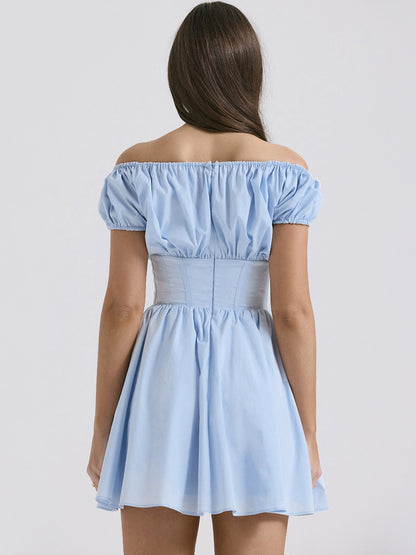 Short Dress Pleated Square Neck Puff Sleeves Graduation Party Mini Dresses