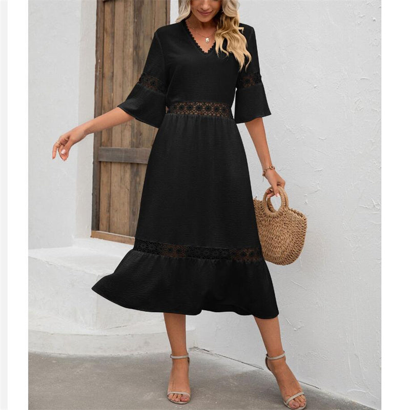 Solid Color V-Neck Hollow Lace Maxi Dress for Women