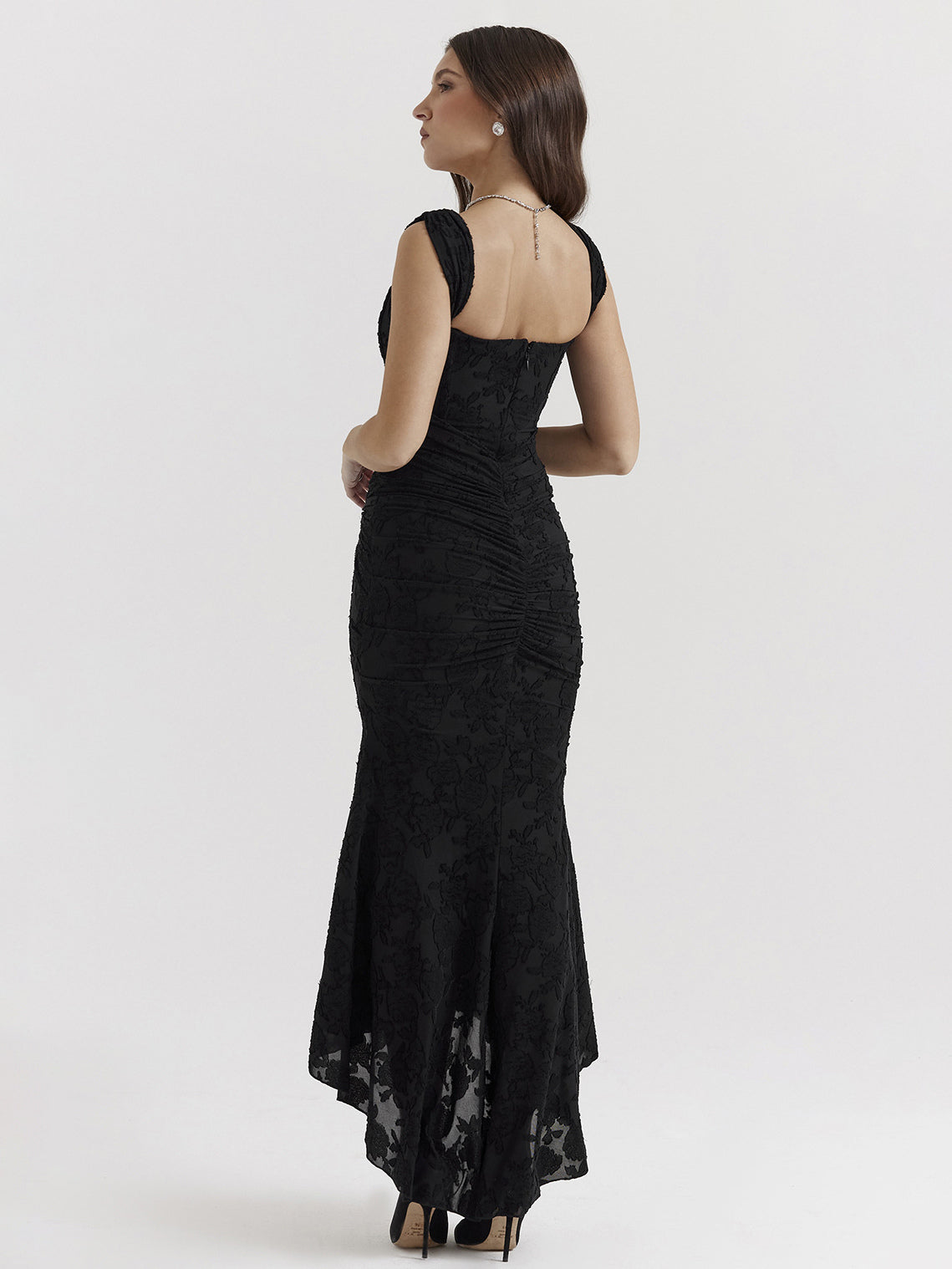 Lace Embellished Dress Sleeveless Gathered High-Low Prom Maxi Dresses