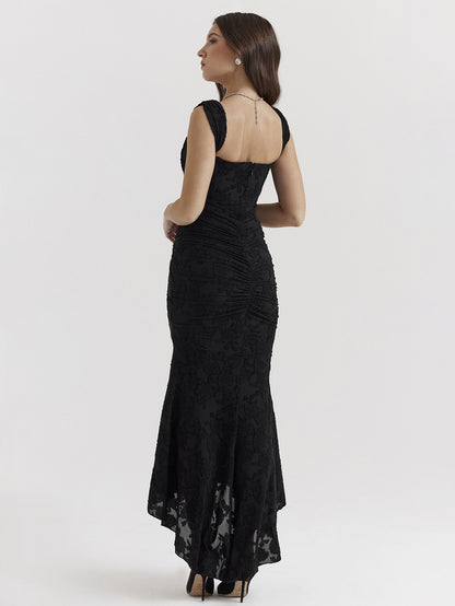 Lace Embellished Dress Sleeveless Gathered High-Low Prom Maxi Dresses