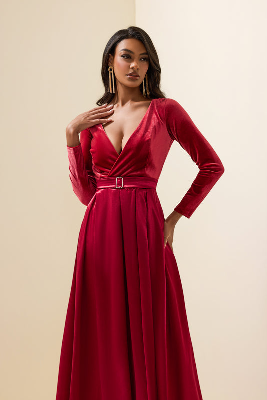 Solid Velvet Split Midi Dress