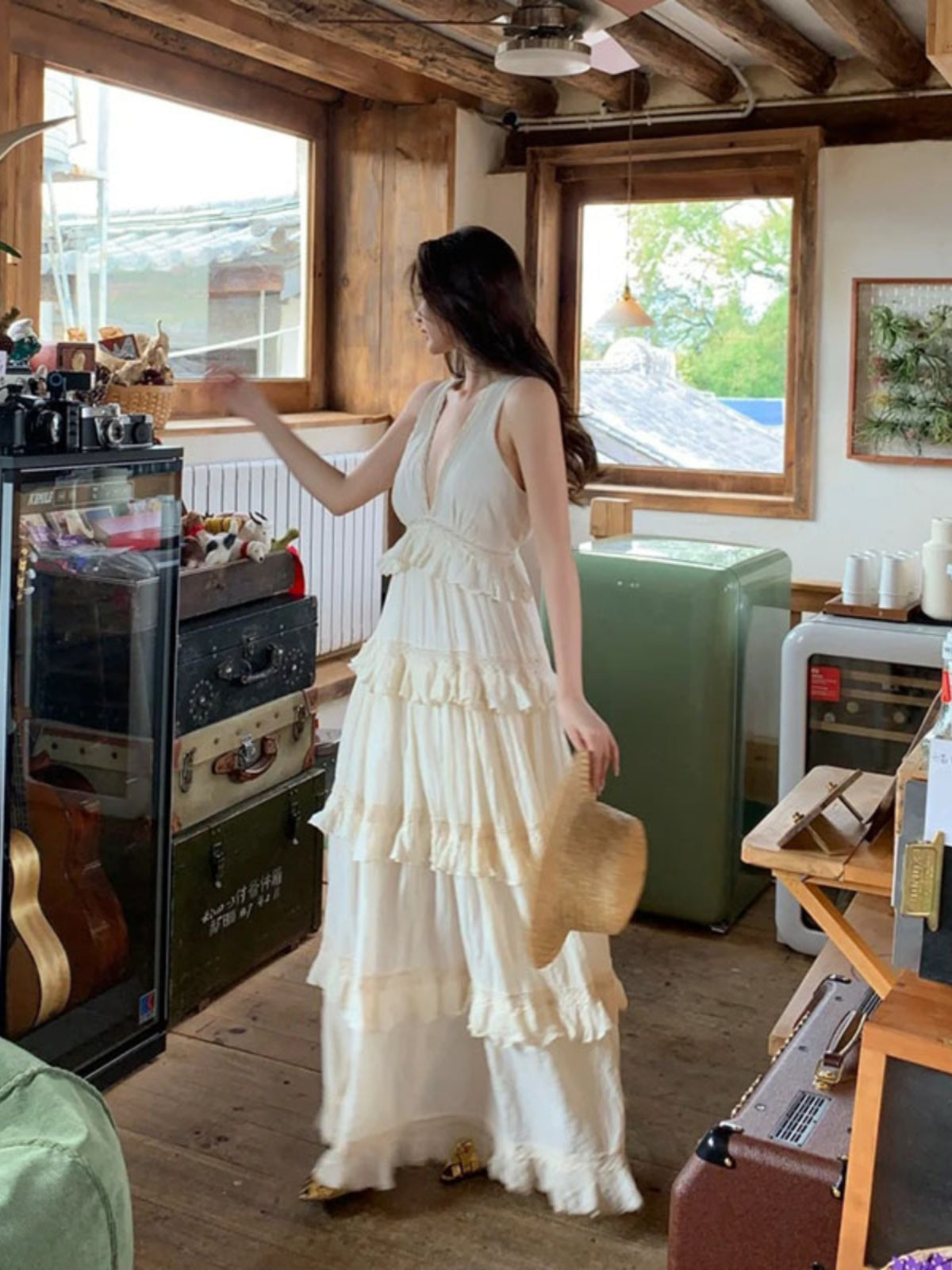 French Soft Ruffle Tiered Maxi Dress – Elegant Cotton Linen Vacation Gown for Summer gunne sax vintage dress