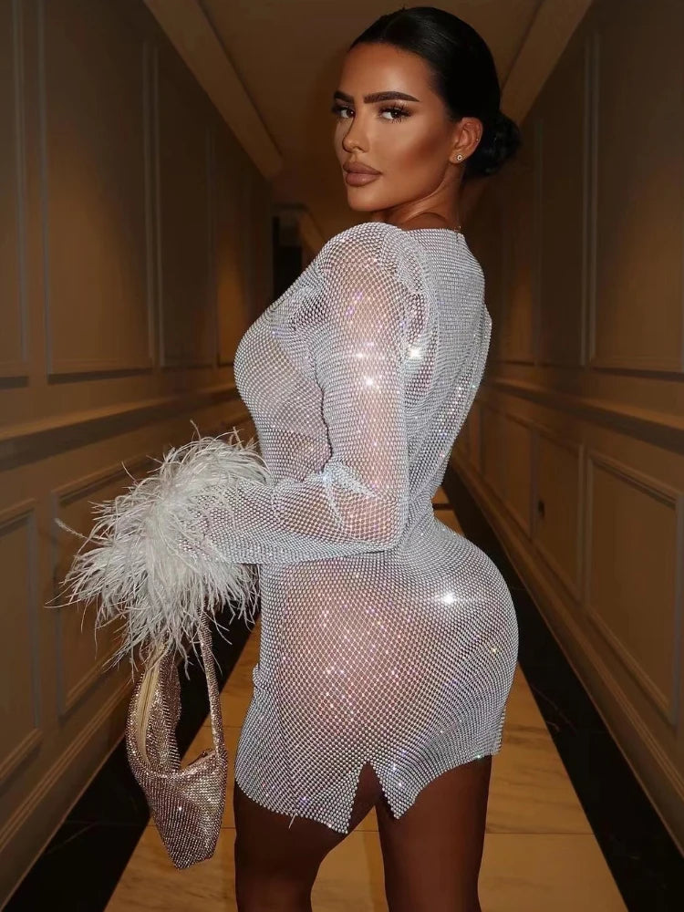 TARUXY Weave Shiny Rhinestone Mini Dress Women Fashion Sexy See Through Cover-up Dresses Casual Loose Club Luxury Dress Ladies