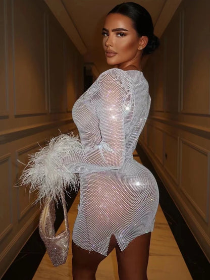 TARUXY Weave Shiny Rhinestone Mini Dress Women Fashion Sexy See Through Cover-up Dresses Casual Loose Club Luxury Dress Ladies