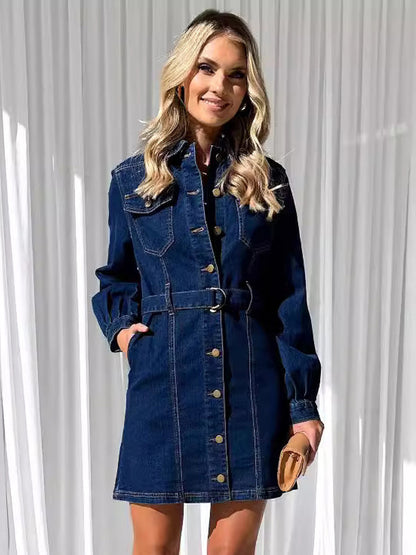 Denim Dress Buttons Belted Long Sleeves Pockets Casual Mini Dresses