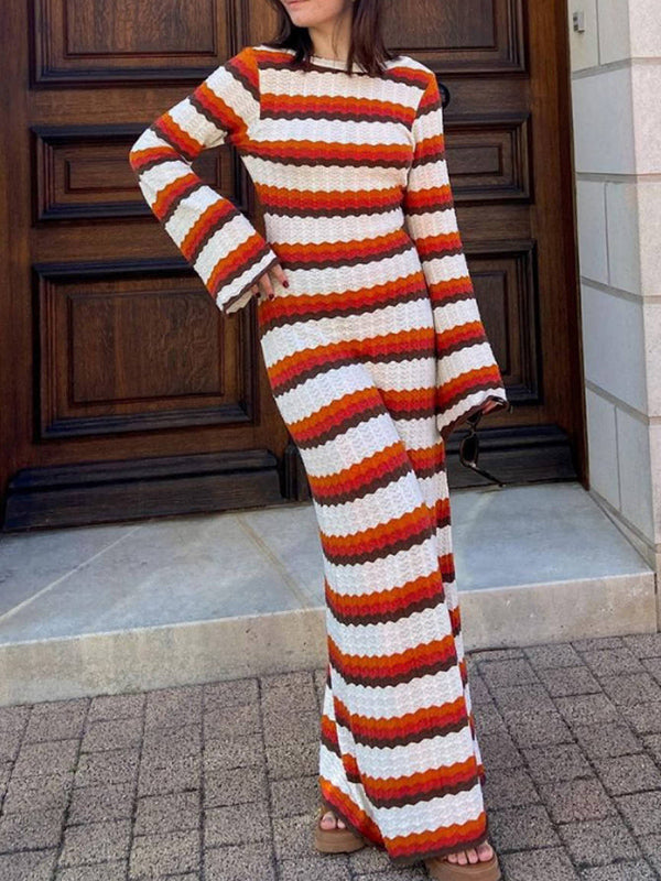 Long Sleeves Loose Backless Split-Joint Striped Round-Neck Maxi Dresses Sweater Dresses