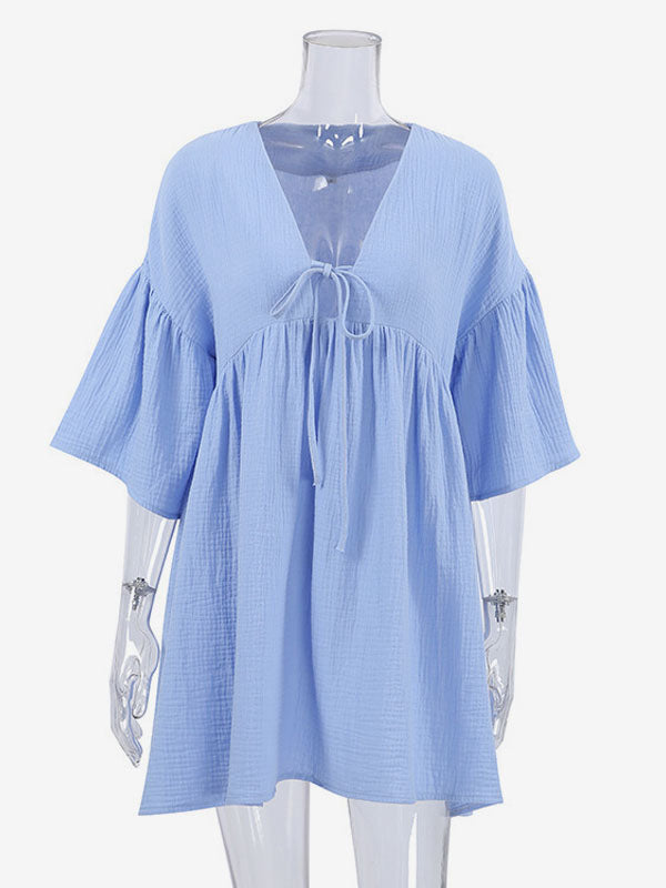 Boho Dress V-Neck Ruffles Sleeves Belted Summer Beach Mini Dresses