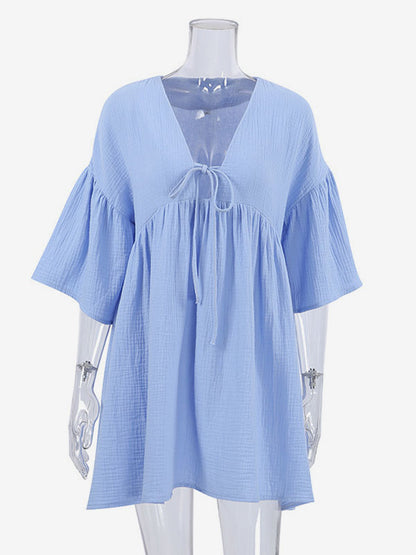 Boho Dress V-Neck Ruffles Sleeves Belted Summer Beach Mini Dresses