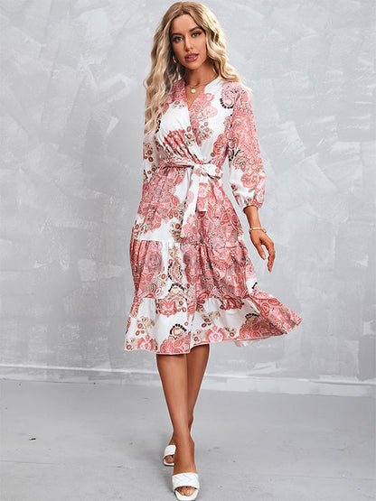 Geometric Lace Up Layered Chic V-Neck 3/4 Length Sleeves Midi Dress
