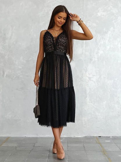 Birthday Lace V-Neck Sleeveless Midi Dresses