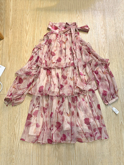 Loose Puff Sleeves Floral Printed Lace-Up Tiered Cold Shoulder Mini Dresses