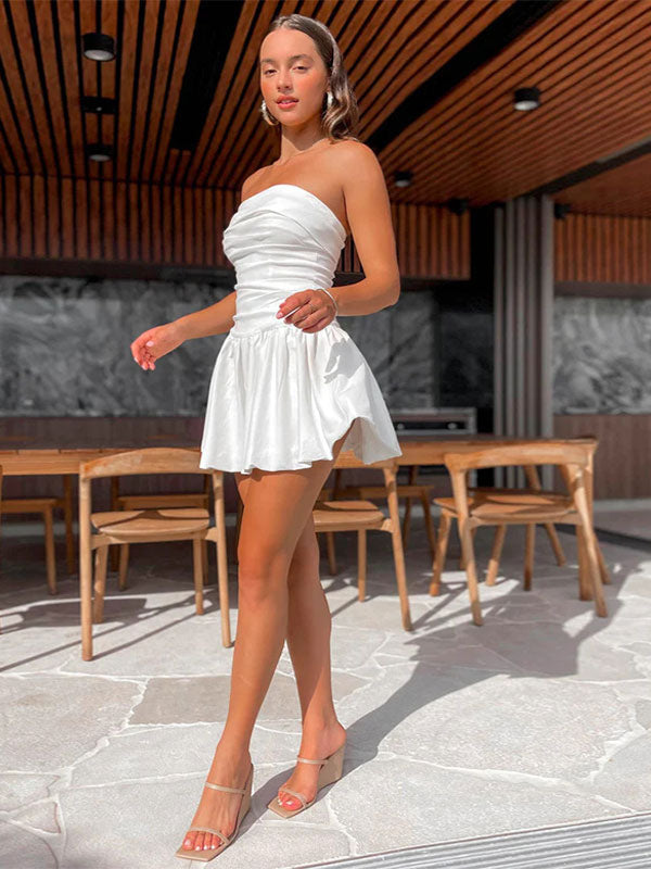 Pleated Skater Dresses Sleeveless Ruffles Sexy Flared Mini Dress