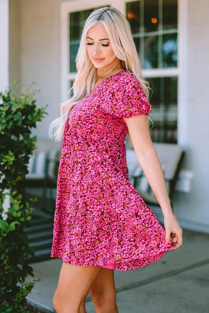 Rose Floral Print Puff Sleeve Babydoll Mini Dress