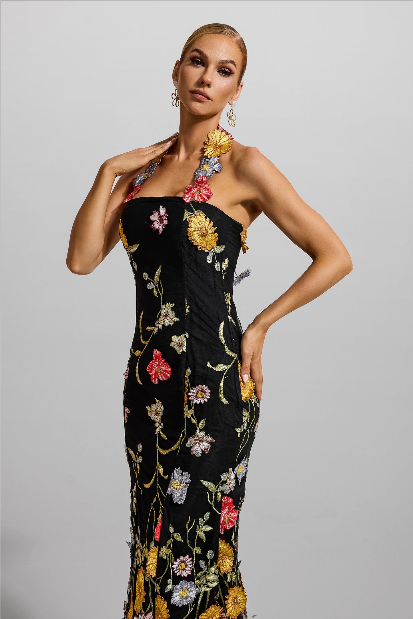 Floral Embroidered Halter Neck Midi Dress