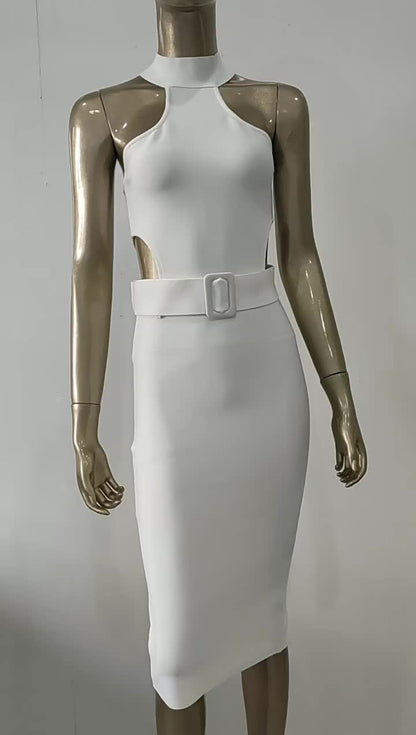 Textured Bodycon Dress Halter Sleeveless Cutout Velted Party Midi Dresses