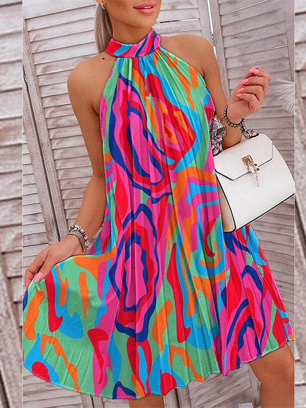 Loose Plus Size Pleated Printed Halter-Neck Mini Dresses Short Dresses