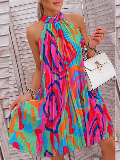 Loose Plus Size Pleated Printed Halter-Neck Mini Dresses Short Dresses