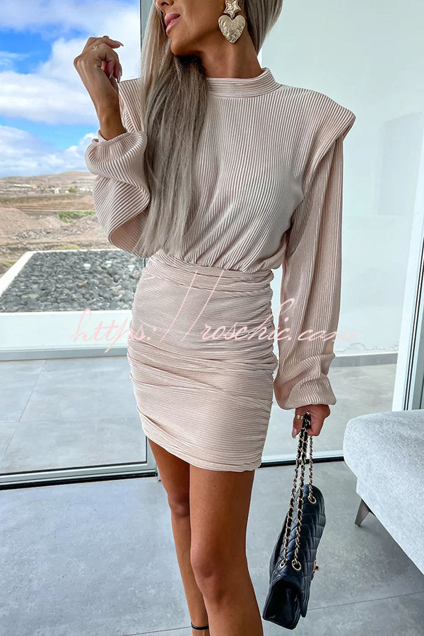 Tolly Padded Shoulder Balloon Sleeve Ruched Ribbed Mini Dress