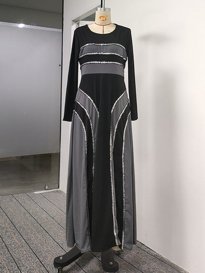 A-line Contrast Color Sequined Round-neck Maxi Dresses