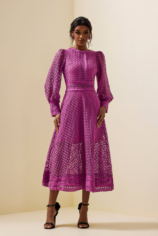 Solid Lace Lantern Sleeve Midi Dress