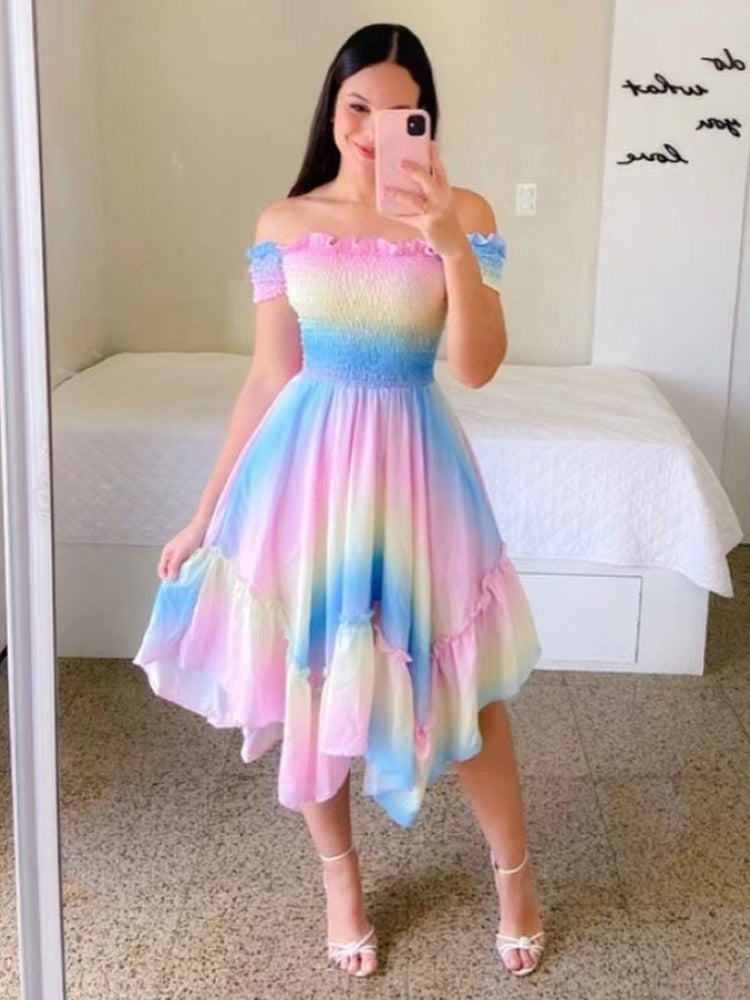 Handkerchief Dress Smocked Floral Off The Shouder Summer Midi Dresses
