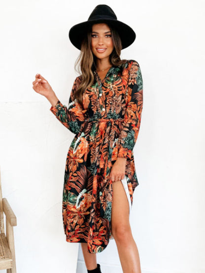 Printed Midi Dress V-Neck Front Buttons Belted Long Sleeves Dresses