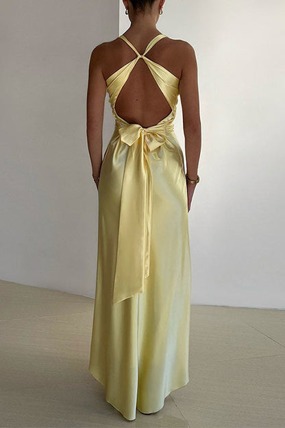 V Neck Back Tie Bow Cut Out Satin Maxi Dress