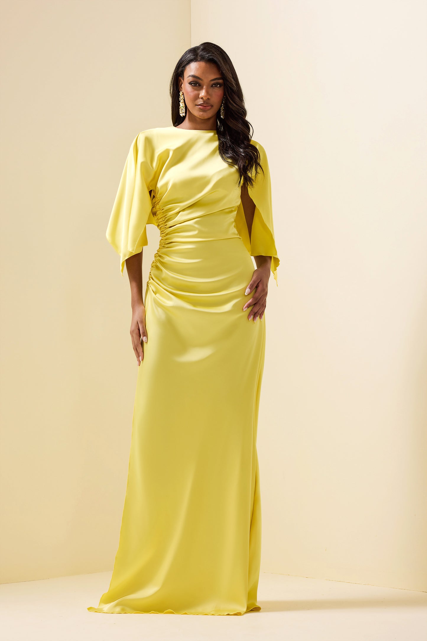Satin Ruched Cape Sleeve Split Maxi Dress