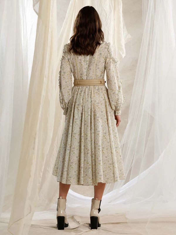 Floral Midi Dress Buttons Belted Lantern Sleeves Elegant Day Dresses