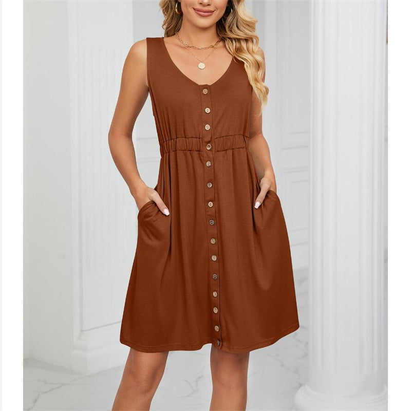 Solid Color Sleeveless Mini Dress with Button Details