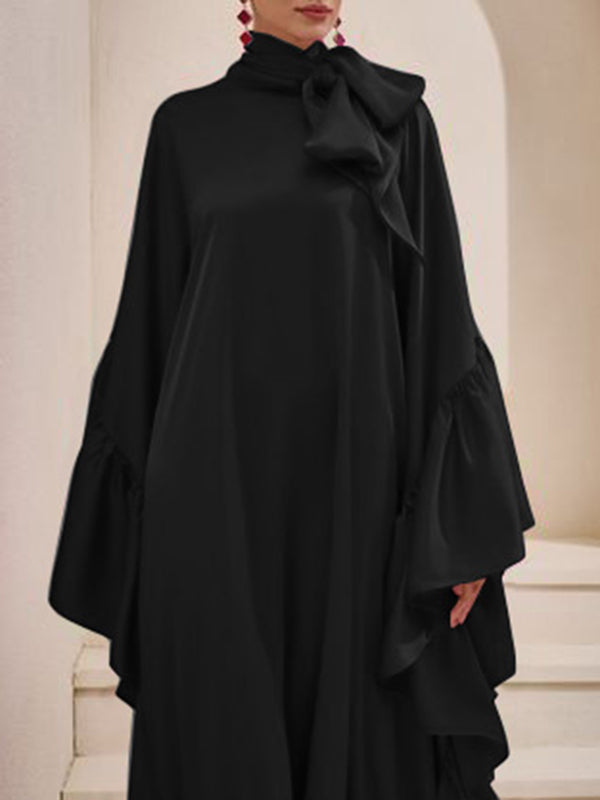 Batwing Sleeves Loose Hollow Pleated Solid Color Split-Joint High Neck Evening Dresses Maxi Dresses