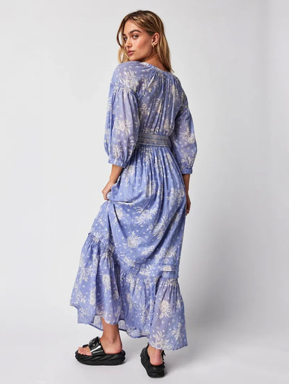 A-Line Flowy Dress Printed V-Neck Puff Sleeves Casual Summer Maxi Dresses