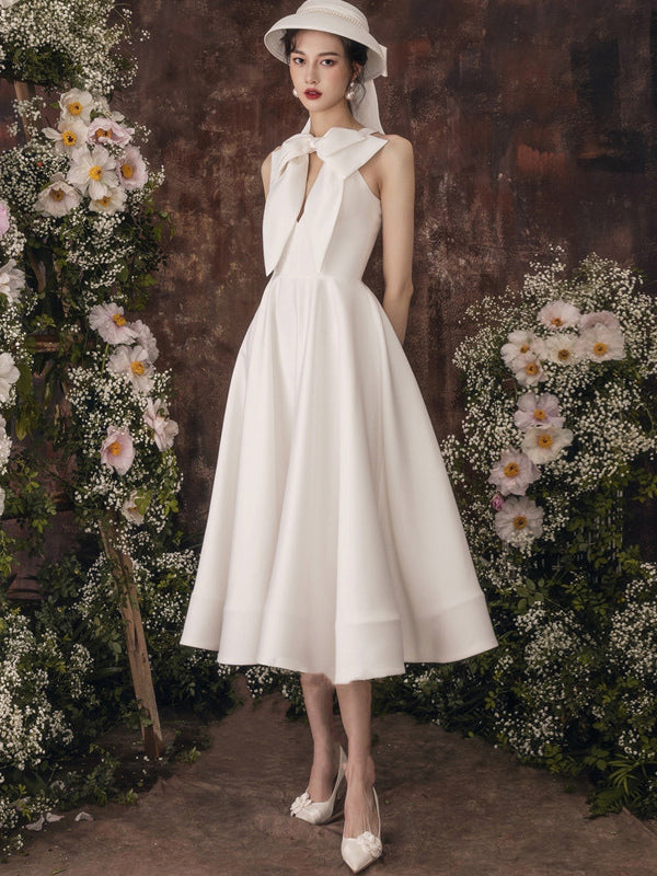 Bows Midi Dress Cutout A-Line Elegant Prom Dresses In White