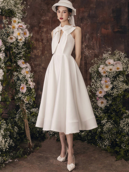 Bows Midi Dress Cutout A-Line Elegant Prom Dresses In White