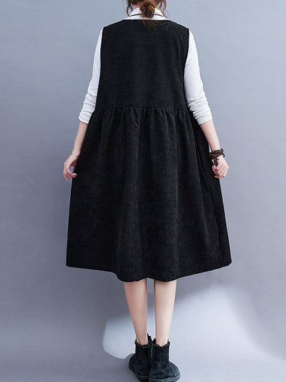 Artistic Retro Loose Sleeveless Solid Color Round-Neck Midi Dresses