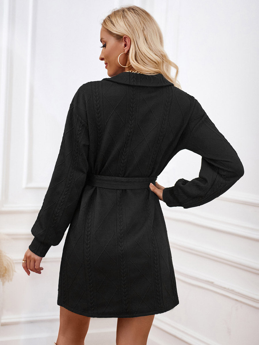 Belted Mini Dresses V-Neck Long Sleeves Solid Color Fall Spring Dress