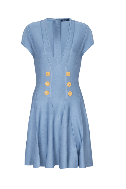 Knit V-Neck Metal Button Mini Dress