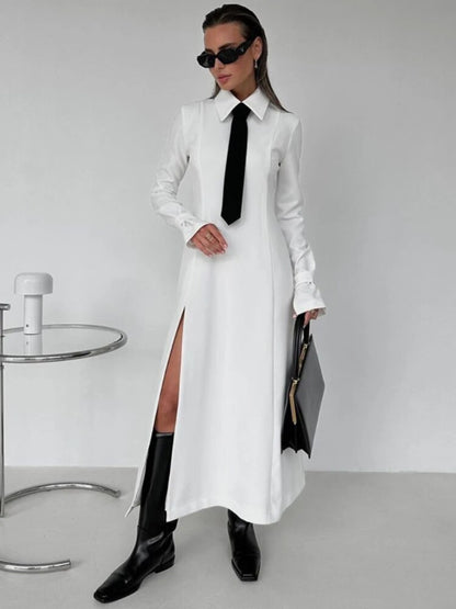 TARUXY Side Slit Long Dress For Women White Elegant Turn Collar Tie Midi Dresses Femme 2024 New Street Loose Slender Dress Woman