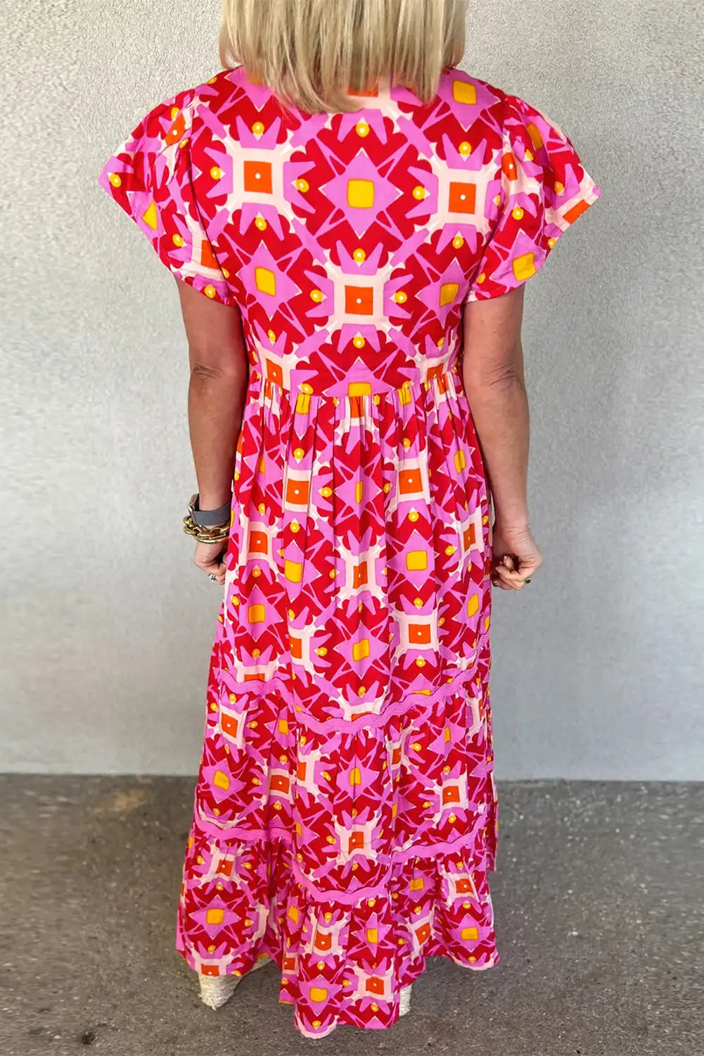 vibrant strawberry pink geo print maxi dress