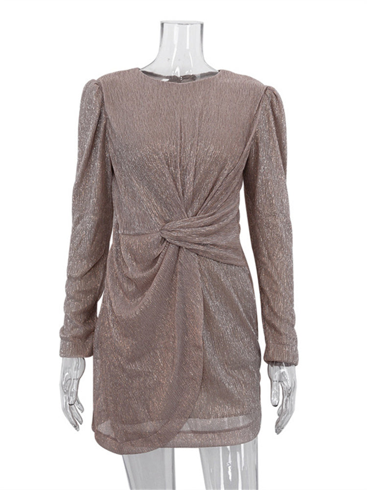 Tossy Twist Elegant Fashion Mini Dress Female Pleated Summer Long Sleeve Patchwork Solid Zipper Glitter Women Sexy Dress 2024 – Stylish Pleated Summer Mini Dress