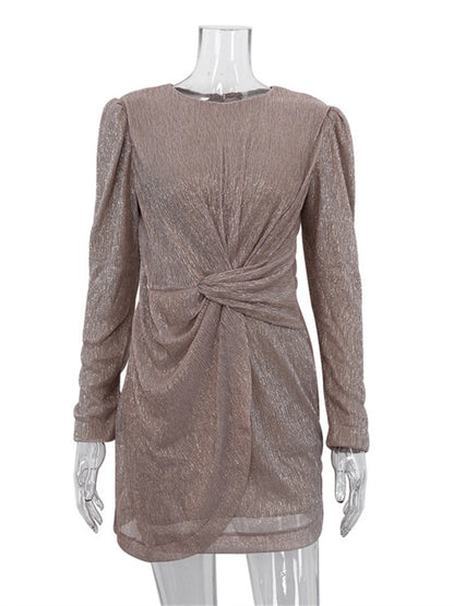 Tossy Twist Elegant Fashion Mini Dress Female Pleated Summer Long Sleeve Patchwork Solid Zipper Glitter Women Sexy Dress 2024 – Stylish Pleated Summer Mini Dress