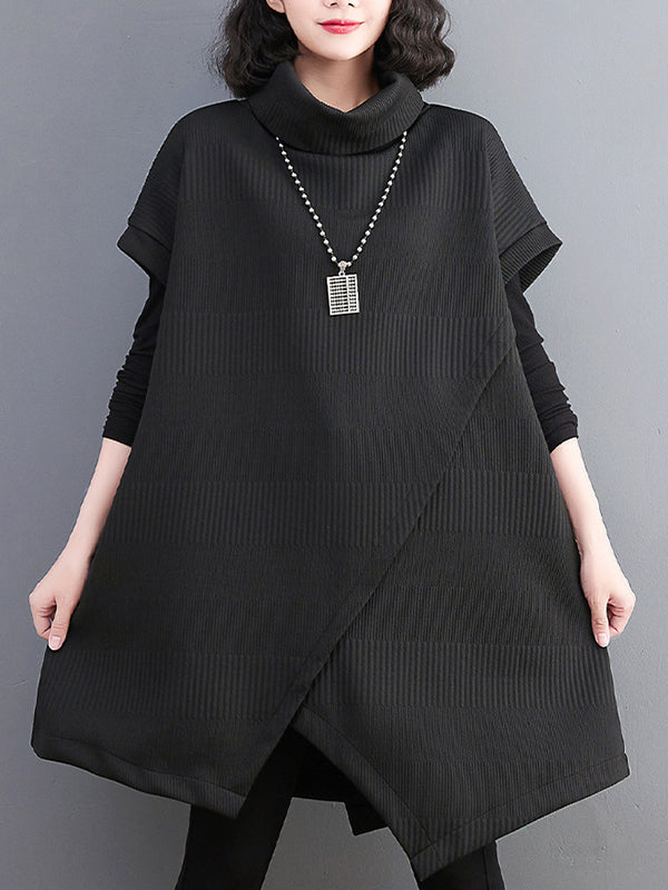 Short Sleeves Asymmetric Solid Color Split-Front High-Neck Knitwear Mini Dresses