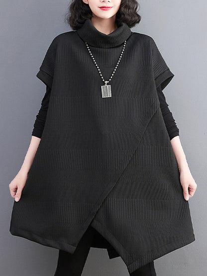 Short Sleeves Asymmetric Solid Color Split-Front High-Neck Knitwear Mini Dresses